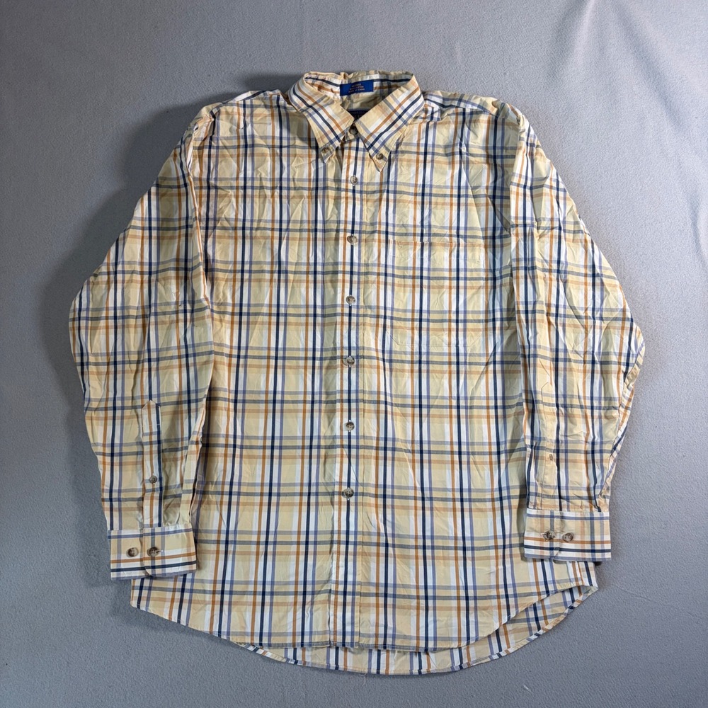 Pendleton Mens Large Plaid Button Down Shirt Yellow Blue Tan Cotton Long Sleeve